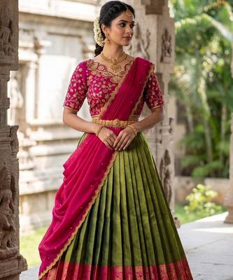 South Indian Style Semi-Stitched Half Saree with Blouse and Dupatta 3