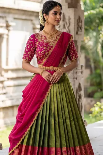 South Indian Style Semi-Stitched Half Saree with Blouse and Dupatta