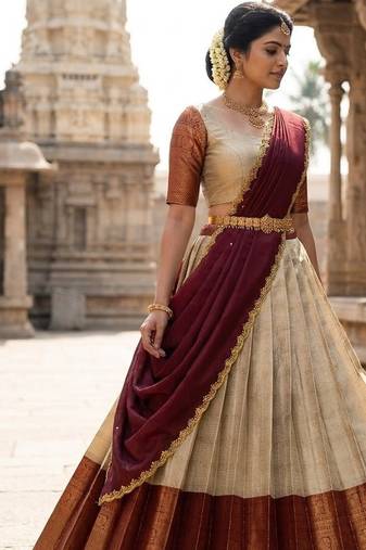 South Indian Style Semi-Stitched Half Saree with Blouse and Dupatta