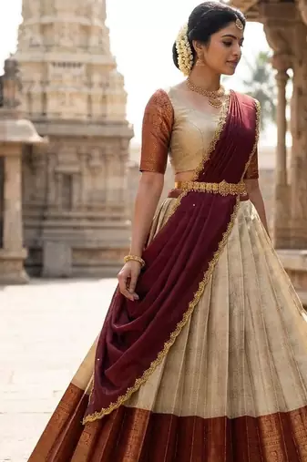 South Indian Style Semi-Stitched Half Saree with Blouse and Dupatta