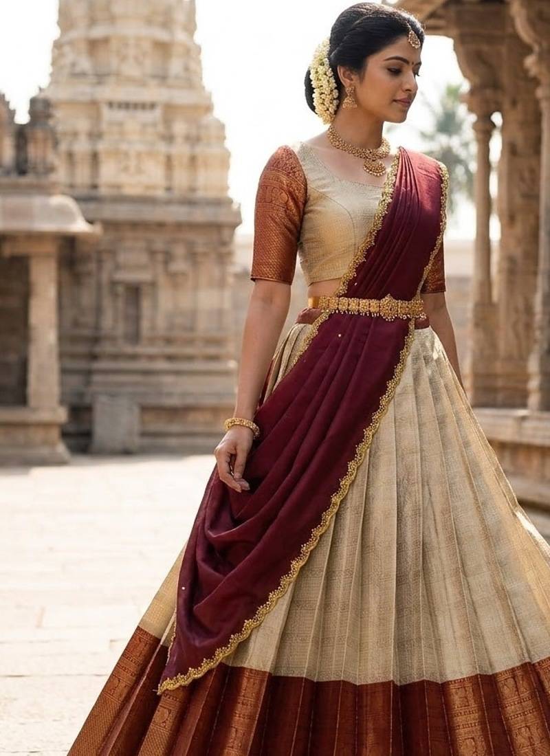 South Indian Style Semi-Stitched Half Saree with Blouse and Dupatta