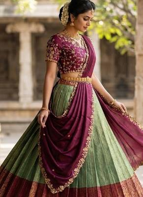 South Indian Style Semi-Stitched Half Saree with Blouse and Dupatta 3