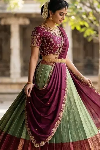 South Indian Style Semi-Stitched Half Saree with Blouse and Dupatta