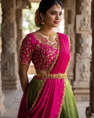 South Indian Style Semi-Stitched Half Saree with Blouse and Dupatta 4
