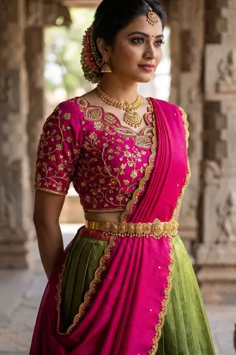 South Indian Style Semi-Stitched Half Saree with Blouse and Dupatta