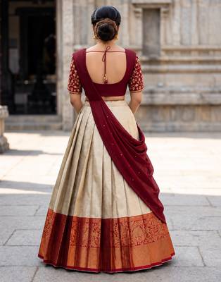 South Indian Style Semi-Stitched Half Saree with Blouse and Dupatta 2