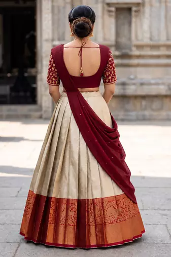 South Indian Style Semi-Stitched Half Saree with Blouse and Dupatta