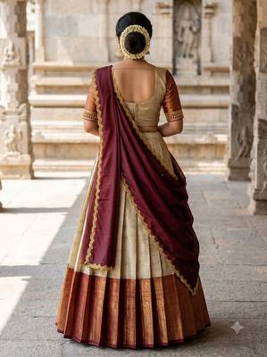 South Indian Style Semi-Stitched Half Saree with Blouse and Dupatta 2