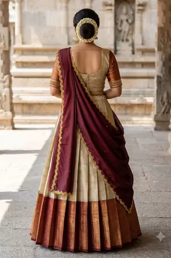 South Indian Style Semi-Stitched Half Saree with Blouse and Dupatta