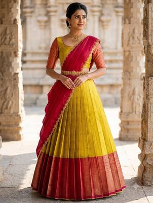 South Indian Style Semi-Stitched Half Saree with Blouse and Dupatta 1