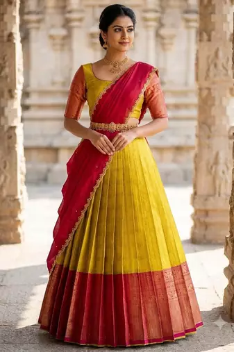 South Indian Style Semi-Stitched Half Saree with Blouse and Dupatta
