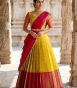 South Indian Style Semi-Stitched Half Saree with Blouse and Dupatta
