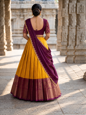 South Indian Style Semi-Stitched Half Saree with Blouse and Dupatta 2