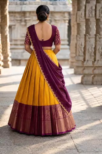 South Indian Style Semi-Stitched Half Saree with Blouse and Dupatta