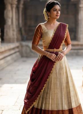 South Indian Style Semi-Stitched Half Saree with Blouse and Dupatta 3