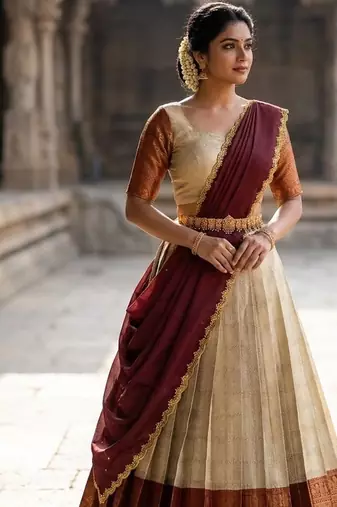South Indian Style Semi-Stitched Half Saree with Blouse and Dupatta
