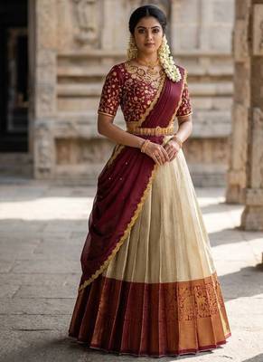 South Indian Style Semi-Stitched Half Saree with Blouse and Dupatta 3