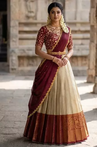 South Indian Style Semi-Stitched Half Saree with Blouse and Dupatta
