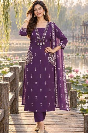 women ethnic motifs printed regular  cotton kurta with trousers & with dupatta