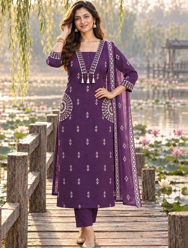 women ethnic motifs printed regular  cotton kurta with trousers & with dupatta