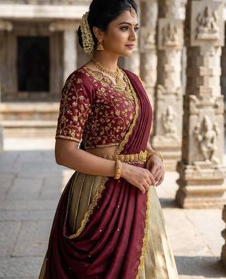 South Indian Style Semi-Stitched Half Saree with Blouse and Dupatta 4