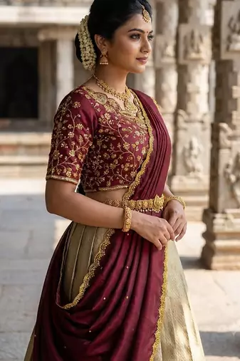 South Indian Style Semi-Stitched Half Saree with Blouse and Dupatta