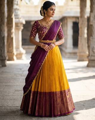 South Indian Style Semi-Stitched Half Saree with Blouse and Dupatta 3