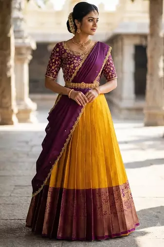 South Indian Style Semi-Stitched Half Saree with Blouse and Dupatta