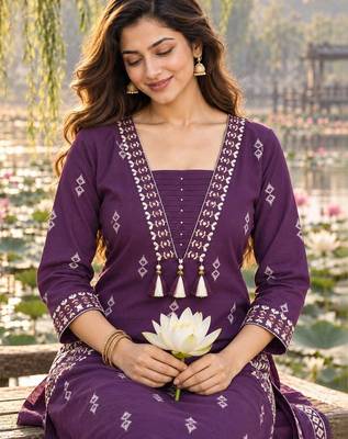 women ethnic motifs printed regular  cotton kurta with trousers & with dupatta 2