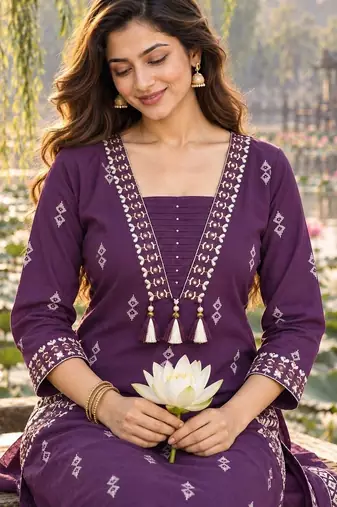 women ethnic motifs printed regular  cotton kurta with trousers & with dupatta