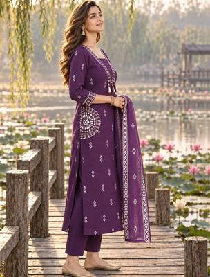 women ethnic motifs printed regular  cotton kurta with trousers & with dupatta 4