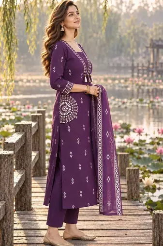 women ethnic motifs printed regular  cotton kurta with trousers & with dupatta