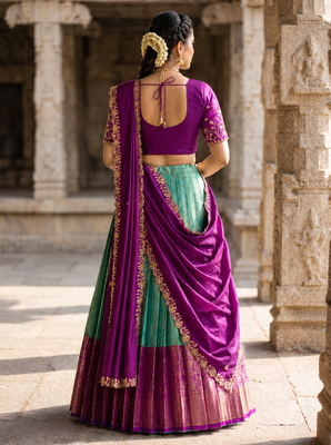South Indian Style Semi-Stitched Half Saree with Blouse and Dupatta 2