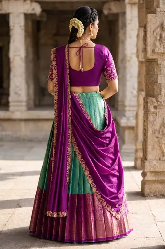 South Indian Style Semi-Stitched Half Saree with Blouse and Dupatta