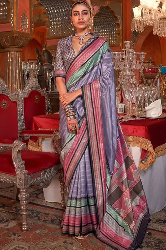 Lavender striped zari banarasi saree