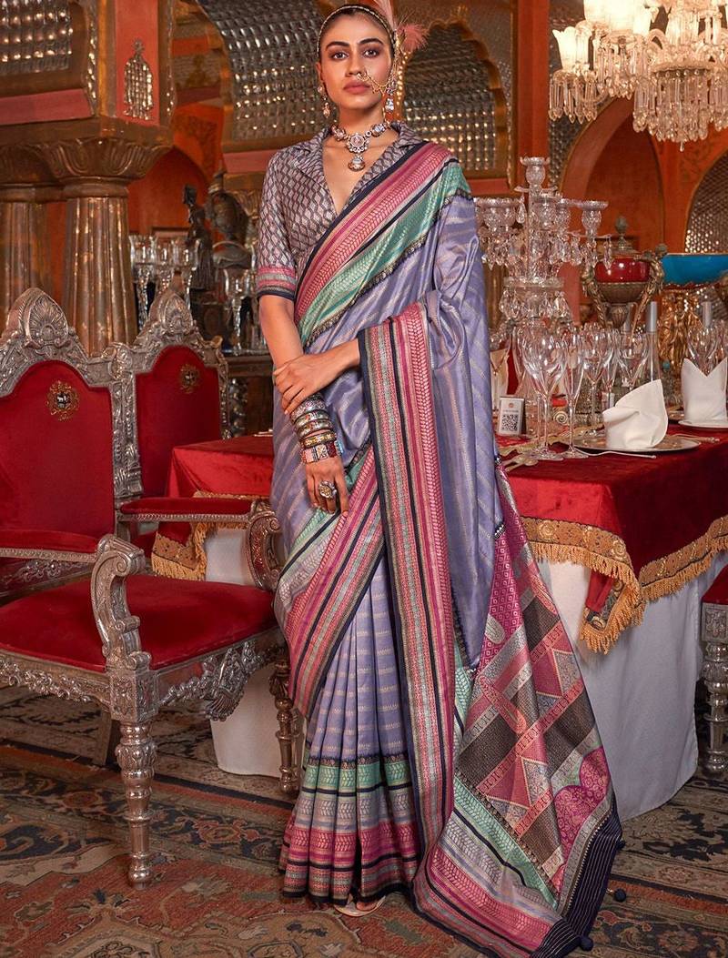 Lavender striped zari banarasi saree