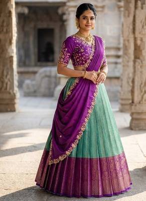 South Indian Style Semi-Stitched Half Saree with Blouse and Dupatta 3