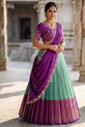 South Indian Style Semi-Stitched Half Saree with Blouse and Dupatta