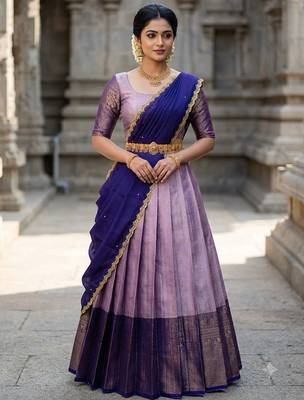 South Indian Style Semi-Stitched Half Saree with Blouse and Dupatta 1