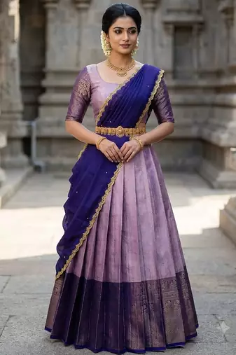 South Indian Style Semi-Stitched Half Saree with Blouse and Dupatta