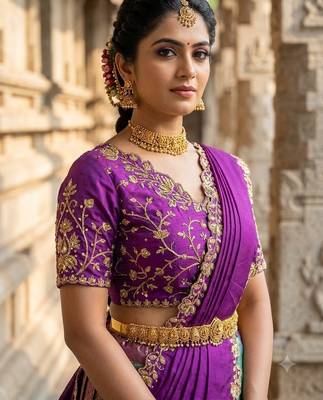 South Indian Style Semi-Stitched Half Saree with Blouse and Dupatta 4