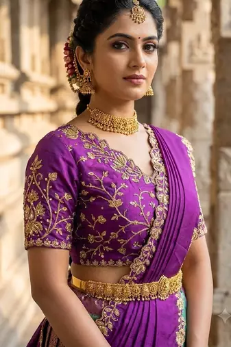 South Indian Style Semi-Stitched Half Saree with Blouse and Dupatta