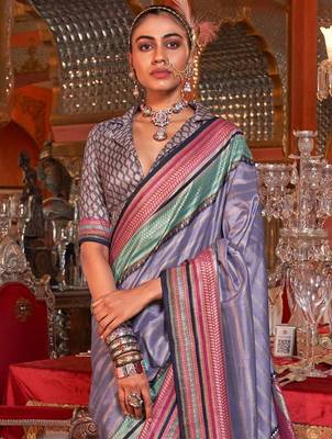 Lavender striped zari banarasi saree 2