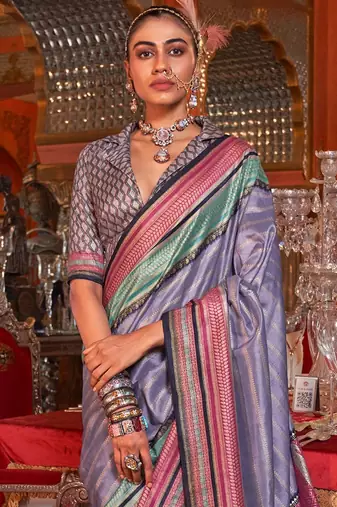 Lavender striped zari banarasi saree