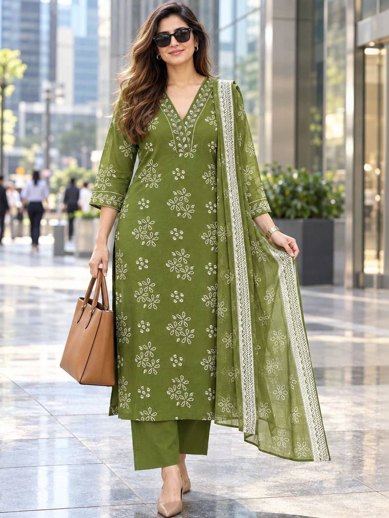 women ethnic motifs printed regular  cotton kurta with trousers & with dupatta