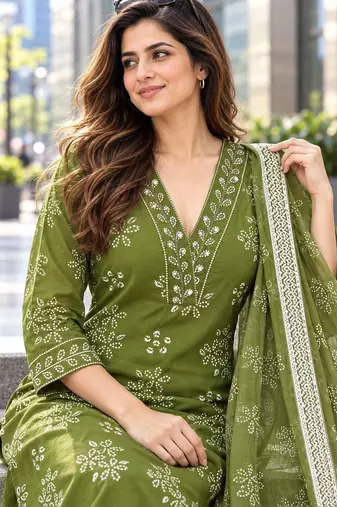 women ethnic motifs printed regular  cotton kurta with trousers & with dupatta