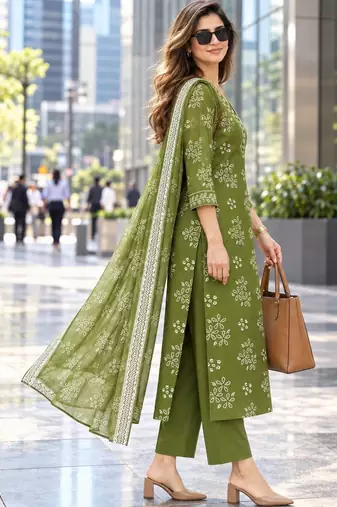 women ethnic motifs printed regular  cotton kurta with trousers & with dupatta