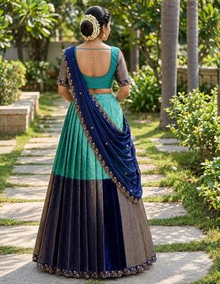 South Indian Style Semi-Stitched Half Saree with Blouse and Dupatta 2