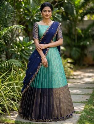 South Indian Style Semi-Stitched Half Saree with Blouse and Dupatta 3