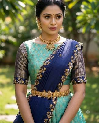 South Indian Style Semi-Stitched Half Saree with Blouse and Dupatta 4